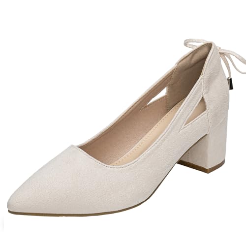 Damen-Pumps mit Blockabsatz, weite Passform, modisch, klassische Pumps, beige, 39 EU von Remxi