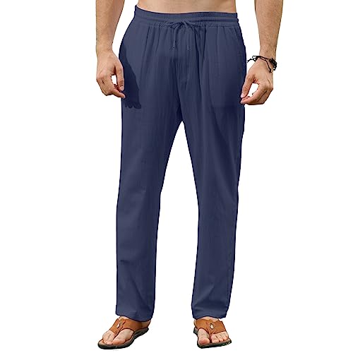 Herren-Hose, Sommer, Leinen, Baumwolle, Chino, Jogginghose, lässig, leicht, atmungsaktiv, Taschen, elastischer Bund, Leinenhose für Herren, marineblau, 56 von Remxi