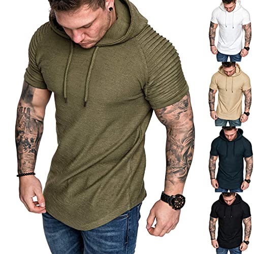 Herren Kurzarm Hoodie T-Shirt Classics Kapuzenpullover für Herren Dehnbar Leicht Sweatshirts Fitness Sport Kurzarm Muscle Sweatshirt Grün 3XL von Remxi