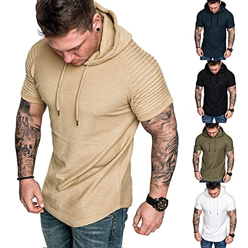 Remxi Herren Kurzarm Hoodie T-Shirt Classics Kapuzenpullover für Herren Dehnbar Leicht Sweatshirts Fitness Sport Kurzarm Muscle Sweatshirt Khaki XXL von Remxi