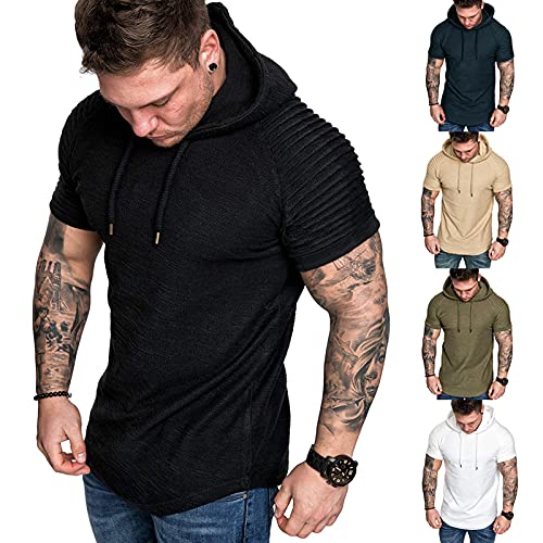 Remxi Herren Kurzarm Hoodie T-Shirt Classics Kapuzenpullover für Herren Dehnbar Leicht Sweatshirts Fitness Sport Kurzarm Muscle Sweatshirt Schwarz M von Remxi