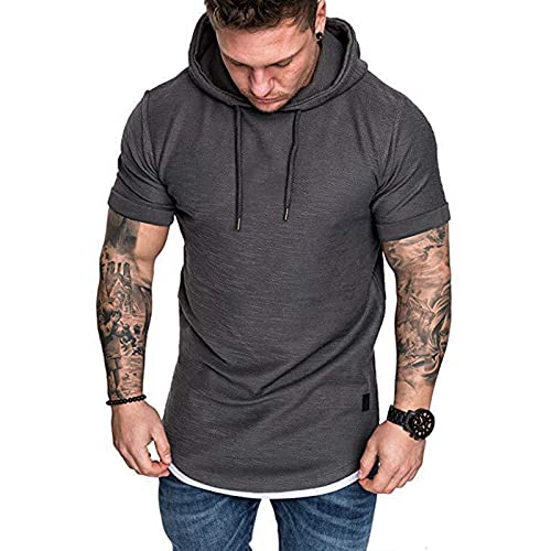 Herren Kurzarm Kapuzenpullover T-Shirt Freizeit Fitness Dehnbar Leicht Hoodie Kurzarm Muscle Sweatshirt für Herren Grau 3XL von Remxi