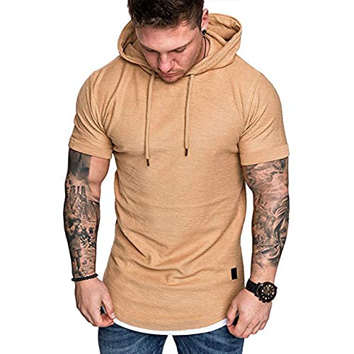 Herren Kurzarm Kapuzenpullover T-Shirt Freizeit Fitness Dehnbar Leicht Hoodie Kurzarm Muscle Sweatshirt für Herren Khaki L von Remxi