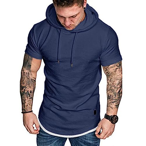 Herren Kurzarm Kapuzenpullover T-Shirt Freizeit Fitness Dehnbar Leicht Hoodie Kurzarm Muscle Sweatshirt für Herren Navy 3XL von Remxi