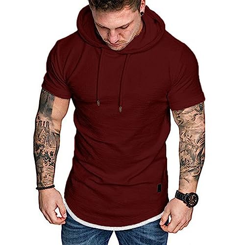 Herren Kurzarm Kapuzenpullover T-Shirt Freizeit Fitness Dehnbar Leicht Hoodie Kurzarm Muscle Sweatshirt für Herren Rot M von Remxi