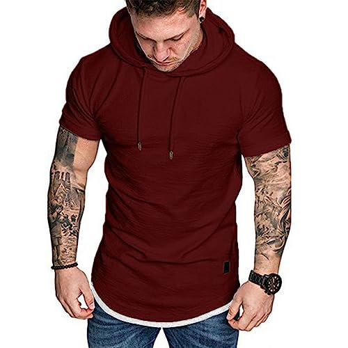 Herren Kurzarm Kapuzenpullover T-Shirt Freizeit Fitness Dehnbar Leicht Hoodie Kurzarm Muscle Sweatshirt für Herren Rot XXL von Remxi