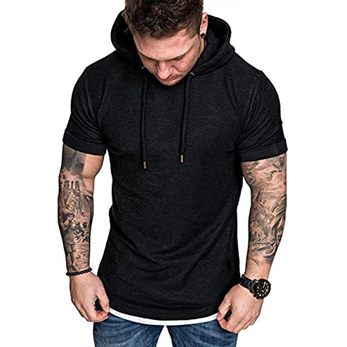 Herren Kurzarm Kapuzenpullover T-Shirt Freizeit Fitness Dehnbar Leicht Hoodie Kurzarm Muscle Sweatshirt für Herren Schwarz L von Remxi