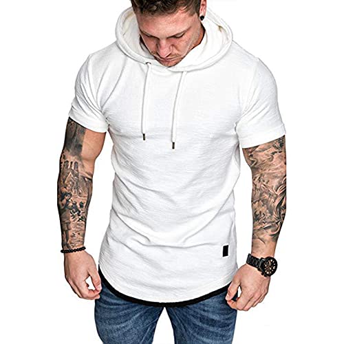 Herren Kurzarm Kapuzenpullover T-Shirt Freizeit Fitness Dehnbar Leicht Hoodie Kurzarm Muscle Sweatshirt für Herren Weiß L von Remxi