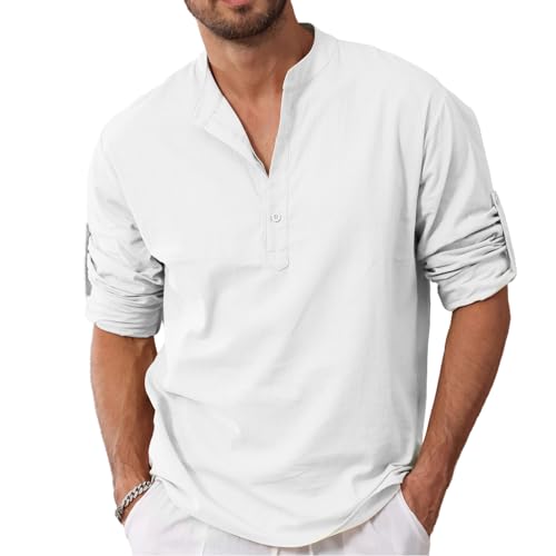 Herren Leinenhemden Solid Shirts Kurzarm Casual Henley Shirt T-Shirt Sommer Henley Hemd aus Baumwolle Leinenhemd für Männer, Solidblanc, 56 von Remxi