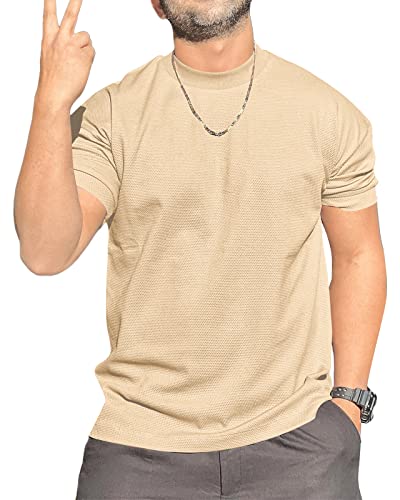 Herren Rundhals T-Shirt Base Tops Waffel Shirt Hüfte Rock Kurzarm Vertikaler Streifen Elastische Manschetten Golf Splicing Khaki L von Remxi