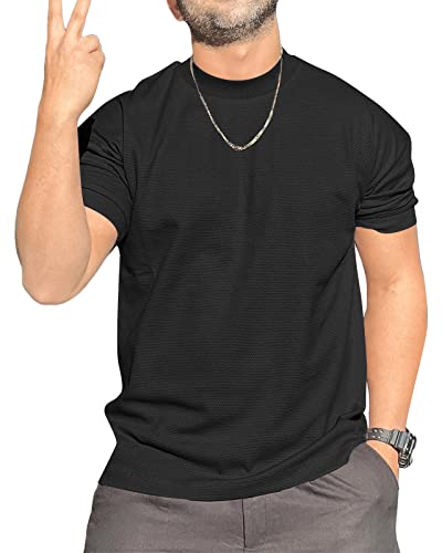 Herren Rundhals T-Shirt Base Tops Waffel Shirt Hüfte Rock Kurzarm Vertikaler Streifen Elastische Manschetten Golf Splicing Schwarz XL von Remxi