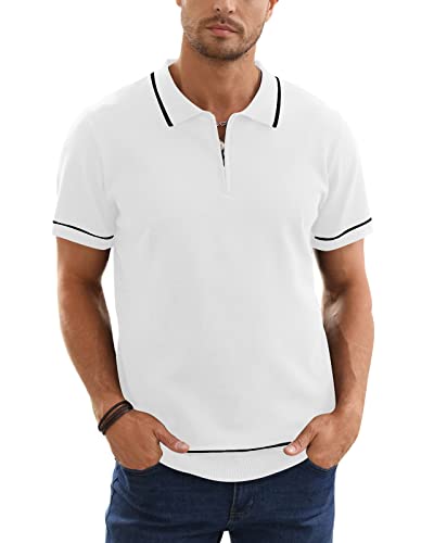 Herren Zipper Polo Shirt Casual Knit Kurzarm Polo T Shirt Classic Fit Shirt Quarter Striped Turndown Kragen Beige M von Remxi