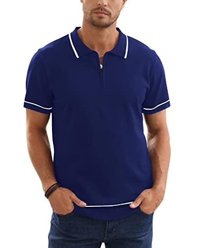 Herren Zipper Polo Shirt Casual Knit Kurzarm Polo T Shirt Classic Fit Shirt Quarter Striped Turndown Kragen Blau XXL von Remxi