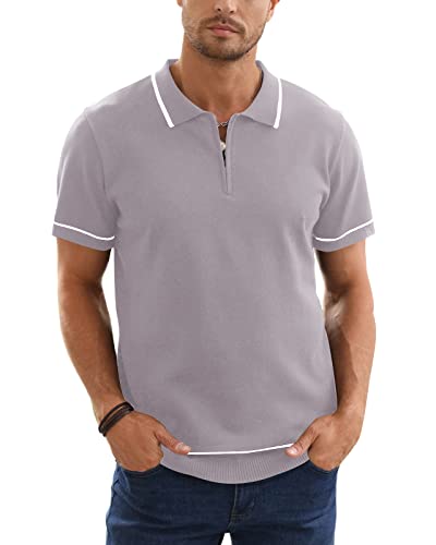 Herren Zipper Polo Shirt Casual Knit Kurzarm Polo T Shirt Classic Fit Shirt Quarter Striped Turndown Kragen Grau L von Remxi