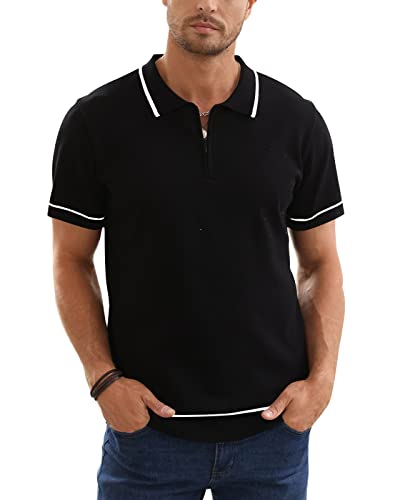 Herren Zipper Polo Shirt Casual Knit Kurzarm Polo T Shirt Classic Fit Shirt Quarter Striped Turndown Kragen Schwarz M von Remxi