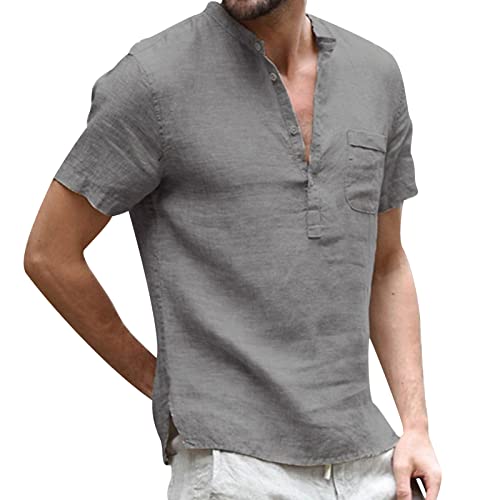 Leinen Hemd Herren Kurzarm Hemd Leinen Einfarbig Shirts Henley Hemden mit Knopfleiste Shirt Sommer Casual Leinenshirt Grau M von Remxi