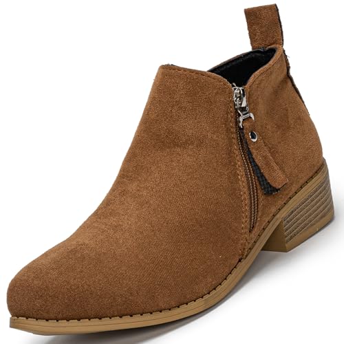 Remxi Damen Stiefeletten Reißverschluss Wildleder Absatz Kurze Slip On Schuhe, braun, 41 EU von Remxi