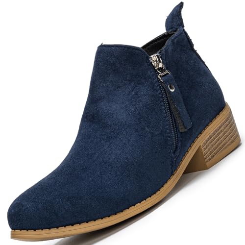 Remxi Damen Stiefeletten Reißverschluss Wildleder Absatz Kurze Slip On Schuhe, navy, 39 EU von Remxi