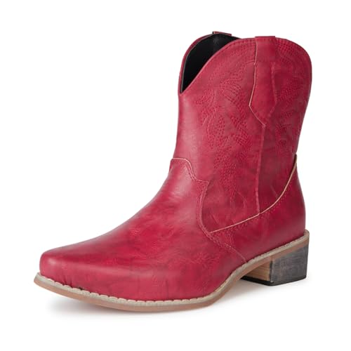 Remxi Damen Western Cowboystiefel Stiefeletten Niedrige Chunky Spitze Schuhe Cowgirl PU Leder Stiefel, rot, 42 EU von Remxi