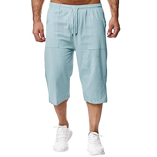 Remxi Herren 3/4 Leinen Shorts Baggy Loose Fit Shorts Sommer Casual Cargo Hose, hellblau, 4X-Large von Remxi