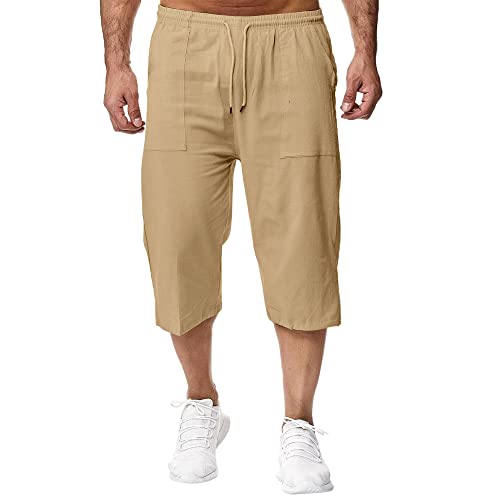 Remxi Herren 3/4 Leinen Shorts Baggy Loose Fit Shorts Sommer Casual Cargohose, Braun, M von Remxi