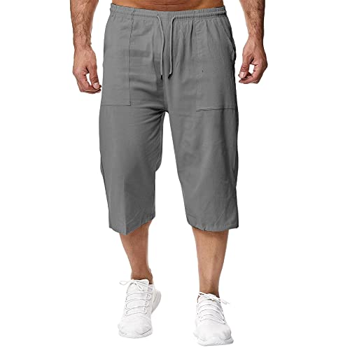 Remxi Herren 3/4 Leinen Shorts Baggy Loose Fit Shorts Sommer Casual Cargohose, Grau, 5XL von Remxi