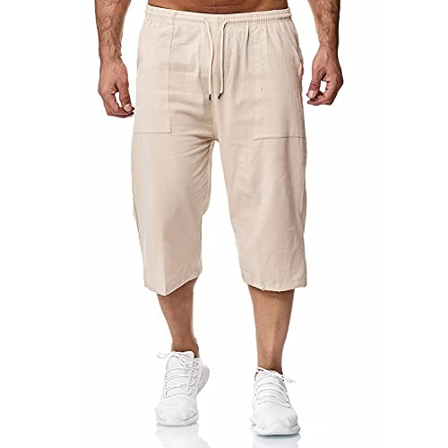 Remxi Herren 3/4 Leinen Shorts Baggy Loose Fit Shorts Sommer Casual Cargohose, Khaki, S von Remxi