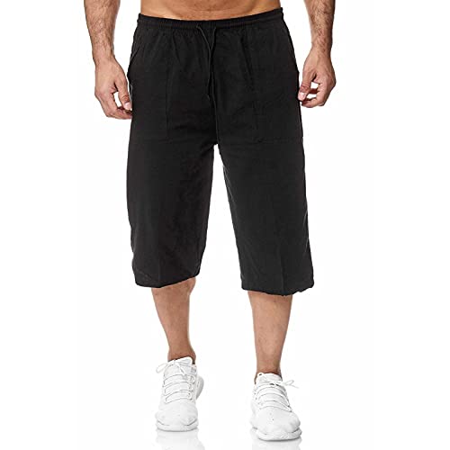 Remxi Herren 3/4 Leinen Shorts Baggy Loose Fit Shorts Sommer Casual Cargohose, Schwarz, S von Remxi