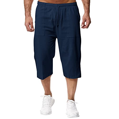 Remxi Herren 3/4 Leinen Shorts Baggy Loose Fit Shorts Sommer Casual Cargohose, Navy, M von Remxi