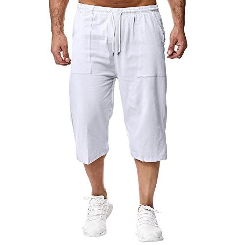 Remxi Herren 3/4 Leinen Shorts Baggy Loose Fit Shorts Sommer Casual Cargohose, Weiß, 3XL von Remxi
