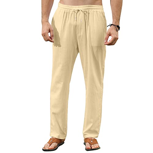 Remxi Herren Leinenhose Lang Loose Fit Freizeithose Leinen mit Kordelzug Straight Regular Fit Herrenhosen Lockere lässige Sporthose Khaki XXL von Remxi