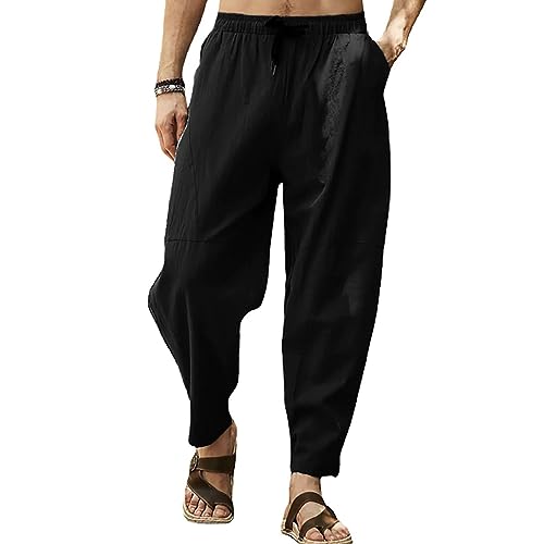 Remxi Herren Hosen Casual Hosen Einfache Mode Leinenhose Seil Hosen, Solidblack, 34-37 von Remxi