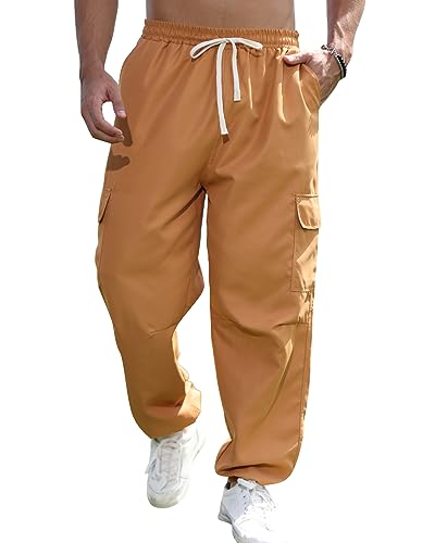 Remxi Herren Jogginghose Hosen Cargo Arbeitskleidung Latzhose Baggy Lose Klappe Taschen Kordelzug Leggings Khaki XXXL von Remxi