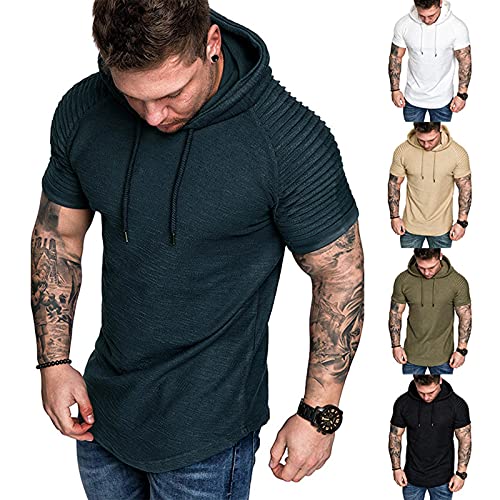Herren Kurzarm Hoodie T-Shirt Classics Kapuzenpullover für Herren Dehnbar Leicht Sweatshirts Fitness Sport Kurzarm Muscle Sweatshirt Navy XXL von Remxi