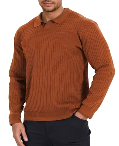 Remxi Herren Langarm Strick Polo Shirt Gerippter Strickpullover mit V-Ausschnitt Klassisches Strukturierte Golfshirts Leicht Pullover Braun L von Remxi