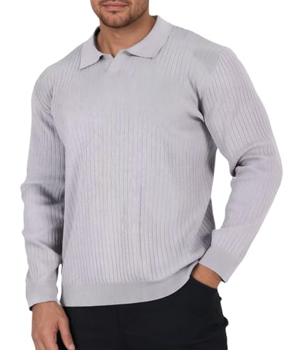 Remxi Herren Langarm Strick Polo Shirt Gerippter Strickpullover mit V-Ausschnitt Klassisches Strukturierte Golfshirts Leicht Pullover Grau L von Remxi