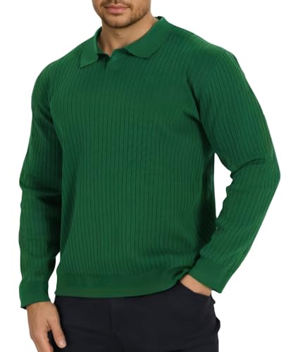 Remxi Herren Langarm Strick Polo Shirt Gerippter Strickpullover mit V-Ausschnitt Klassisches Strukturierte Golfshirts Leicht Pullover Grün M von Remxi
