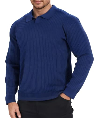 Remxi Herren Langarm Strick Polo Shirt Gerippter Strickpullover mit V-Ausschnitt Klassisches Strukturierte Golfshirts Leicht Pullover Navyblau L von Remxi