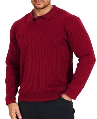 Remxi Herren Langarm Strick Polo Shirt Gerippter Strickpullover mit V-Ausschnitt Klassisches Strukturierte Golfshirts Leicht Pullover Rot 2XL von Remxi