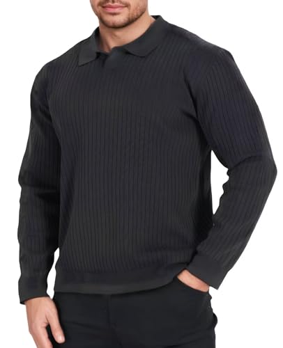 Remxi Herren Langarm Strick Polo Shirt Gerippter Strickpullover mit V-Ausschnitt Klassisches Strukturierte Golfshirts Leicht Pullover Schwarz 3XL von Remxi