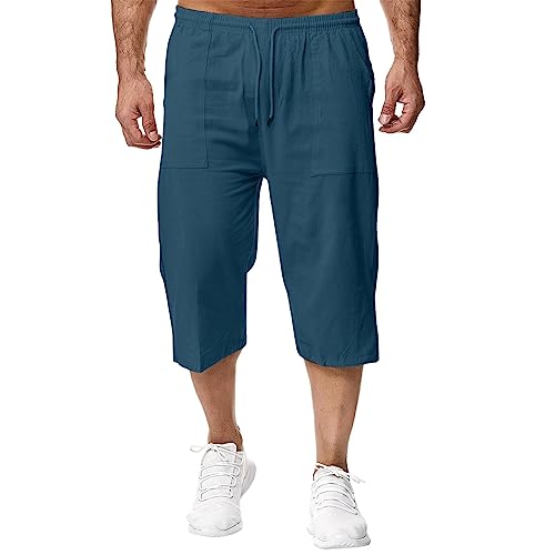 Remxi Herren Leinen 3/4 Shorts Loose Fit Casual Sommer Cargo Hose, Bleumarine2, 5X-Large von Remxi