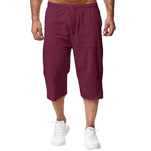 Remxi Herren Leinen 3/4 Shorts Loose Fit Casual Sommer Cargo Hose, Burgunderrot, 56 von Remxi