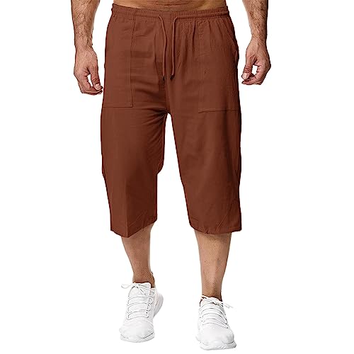 Remxi Herren Leinen 3/4 Shorts Loose Fit Casual Sommer Cargo Hose, Orange, 56 von Remxi