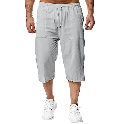 Remxi Herren Leinen 3/4 Shorts Loose Fit Casual Sommer Cargo Hose, hellgrau, 4X-Large von Remxi