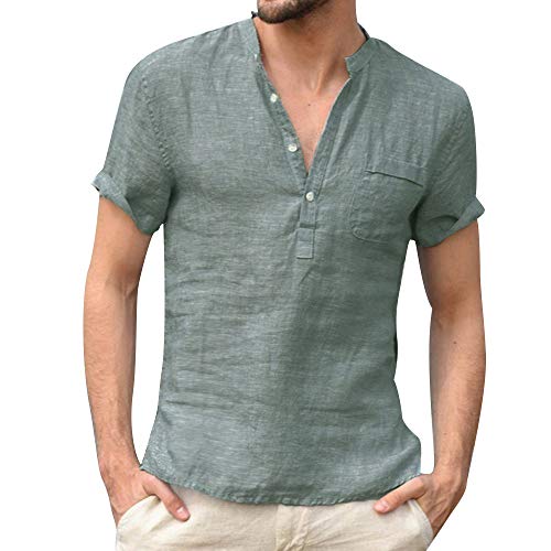 Leinen Hemd Herren Kurzarm Hemd Leinen Einfarbig Shirts Henley Hemden mit Knopfleiste Shirt Sommer Casual Leinenshirt Dunkelgrün 3XL von Remxi