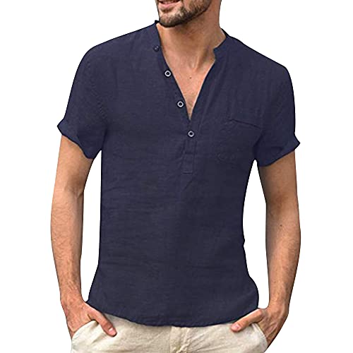 Leinen Hemd Herren Kurzarm Hemd Leinen Einfarbig Shirts Henley Hemden mit Knopfleiste Shirt Sommer Casual Leinenshirt Navy 3XL von Remxi