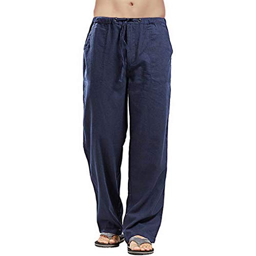 Remxi Herren Leinenhose, lockere Passform, leger, leicht, Kordelzug, elastische Taille, Jogger, Yoga, Strandhose, blau, 58 von Remxi