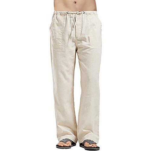 Remxi Herren Leinenhose, lockere Passform, leger, leicht, Kordelzug, elastische Taille, Jogger, Yoga, Strandhose, khaki, 36-41 von Remxi