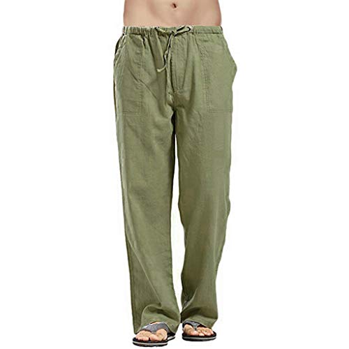 Remxi Herren-Leinenhose, lockere Passform, leicht, mit Kordelzug, elastischer Taille, Jogger-Yoga-Strandhose Gr. 41-44.5, grün von Remxi