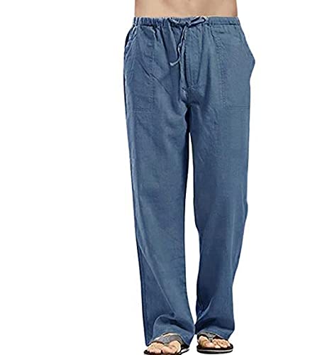 Remxi Herren-Leinenhose, lockere Passform, leicht, mit Kordelzug, elastischer Taille, Jogger-Yoga-Strandhose Gr. 58, Blau von Remxi